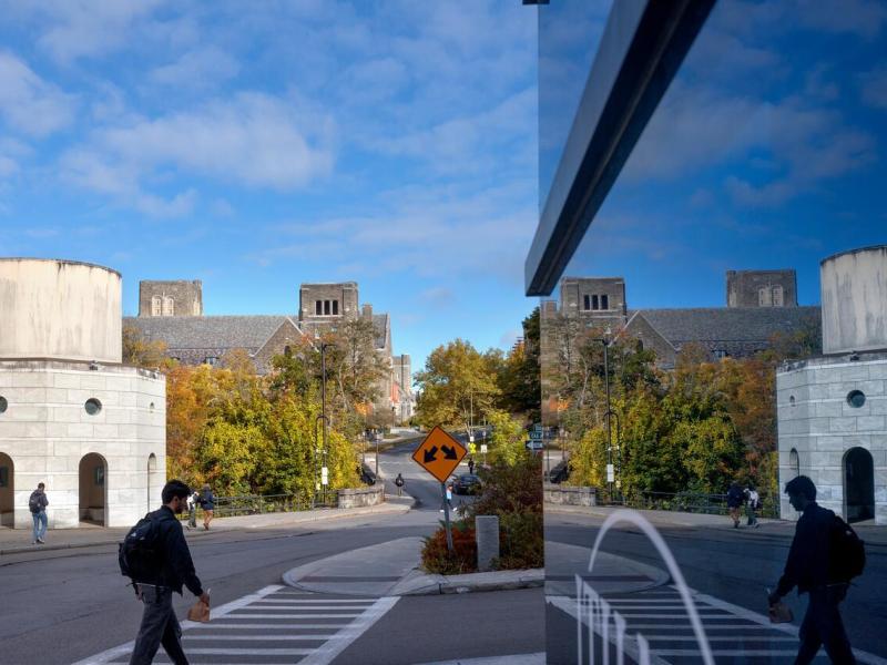 Fall reflections on College Avenue in Collegetown.