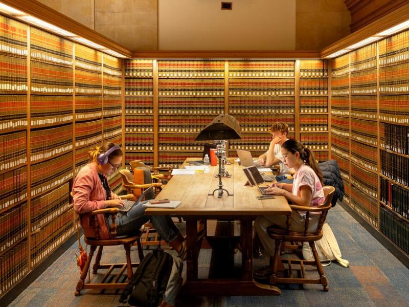 Students work in the Law Library Reading Room of Myron Taylor Hall.