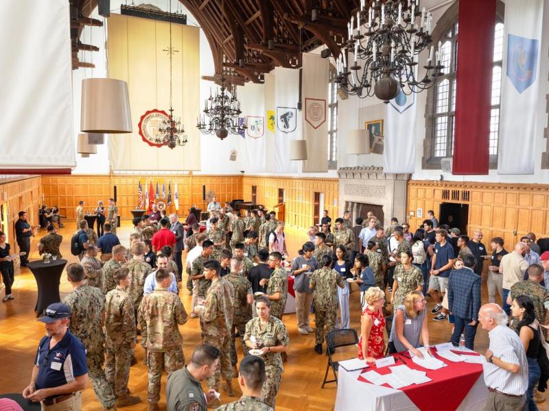 Members of Cornell’s military community chat at the Military/Veterans Reception.